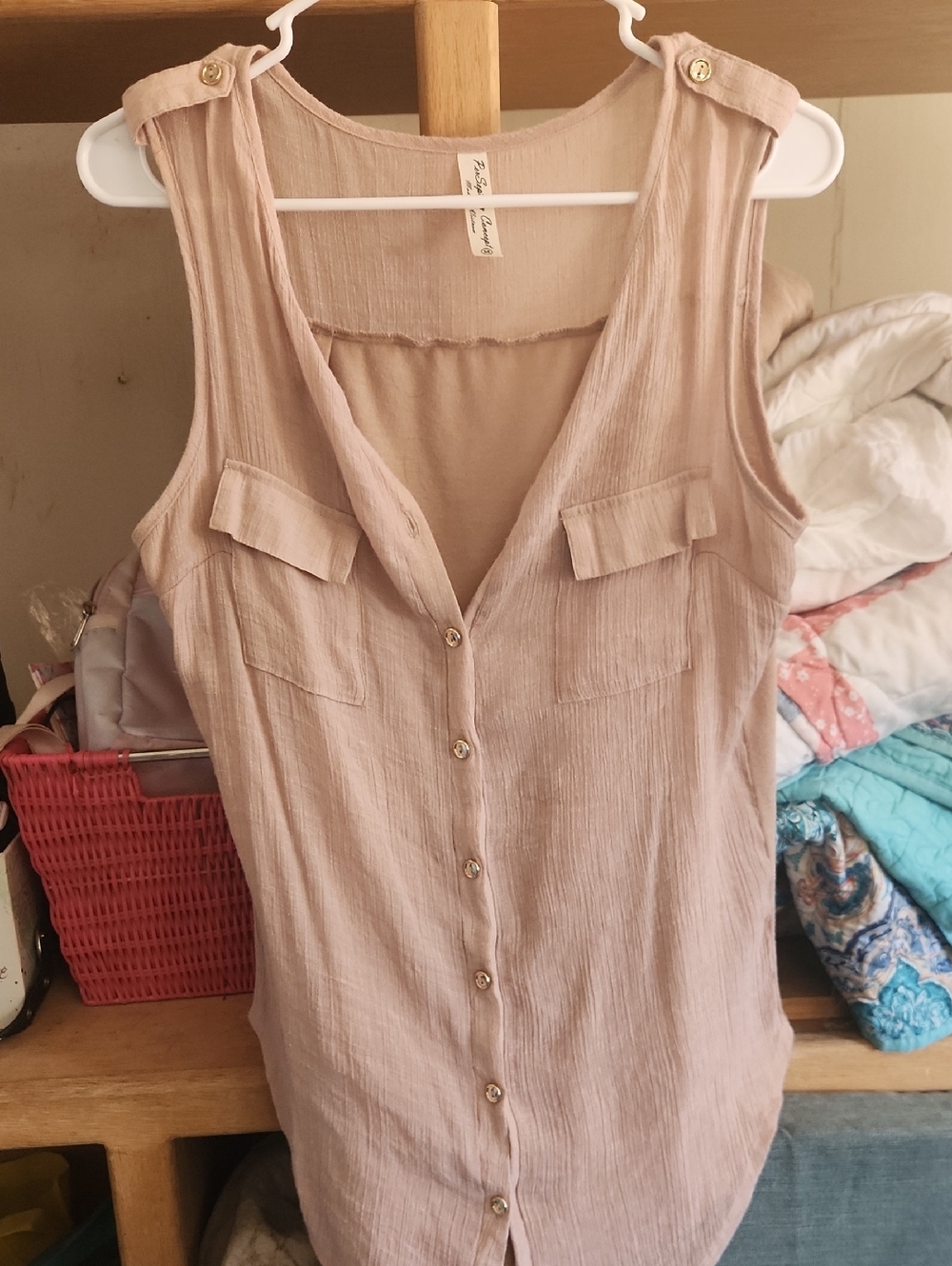 Sleeveless Lightweight Gold Button-Front Blouse - Beige